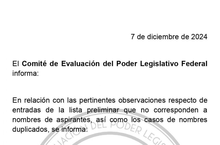 Acepta Comité de Evaluación del Poder Legislativo errores graves en lista preliminar de candidatos a juzgadores