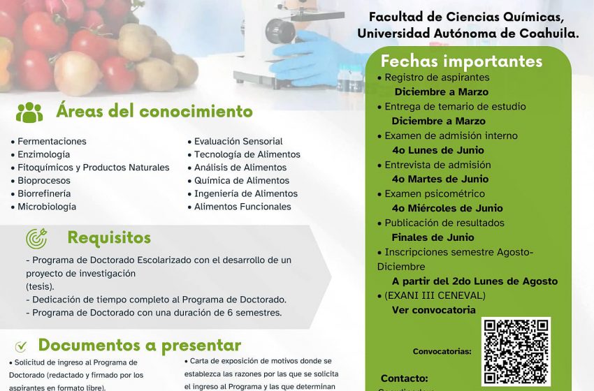  Cursa en la UAdeC el Doctorado en Ciencia y Tecnología de Alimentos