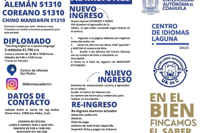 Abre Inscripciones el Centro de Idiomas de la UAdeC Unidad Laguna
