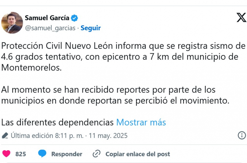  Sismo de magnitud 4.5 sacude Nuevo León; sin reportes de daños ni heridos