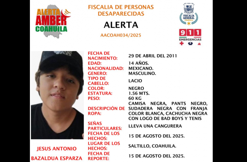 Desaparece adolescente en Saltillo; activan Alerta Amber